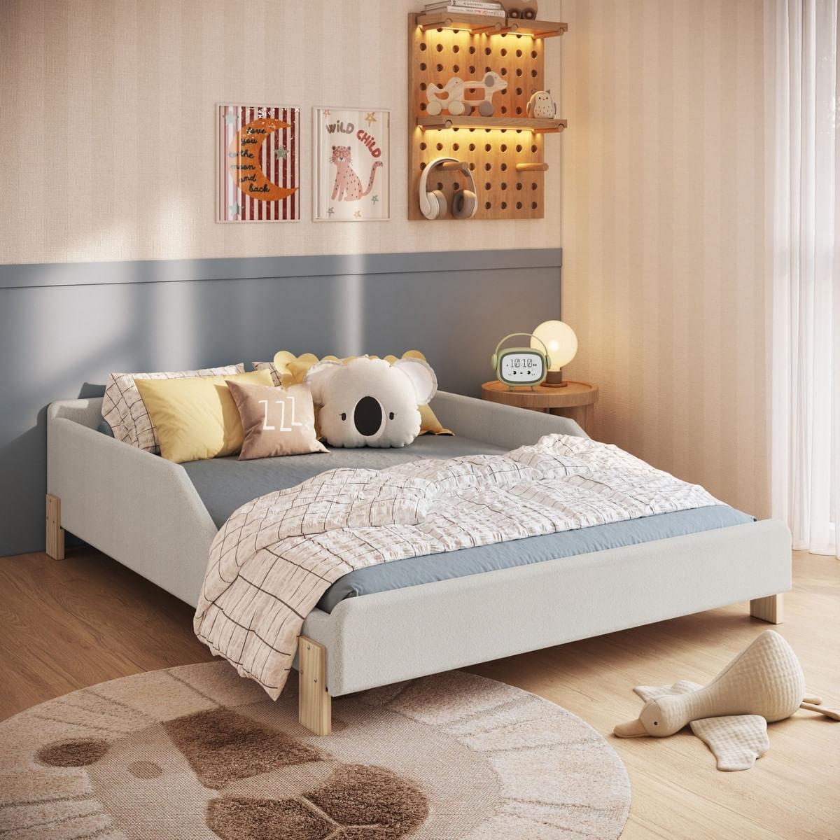Cama Infantil Sentir Casal Estofada Bege Completa Móveis