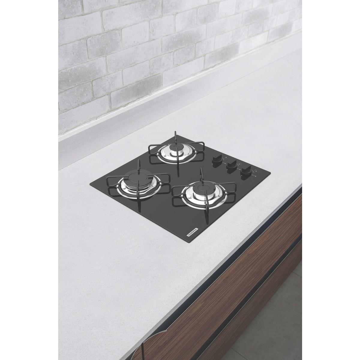 Cooktop a Gás Tramontina 3 Queimadores Brasil em Vidro Temperado Preto