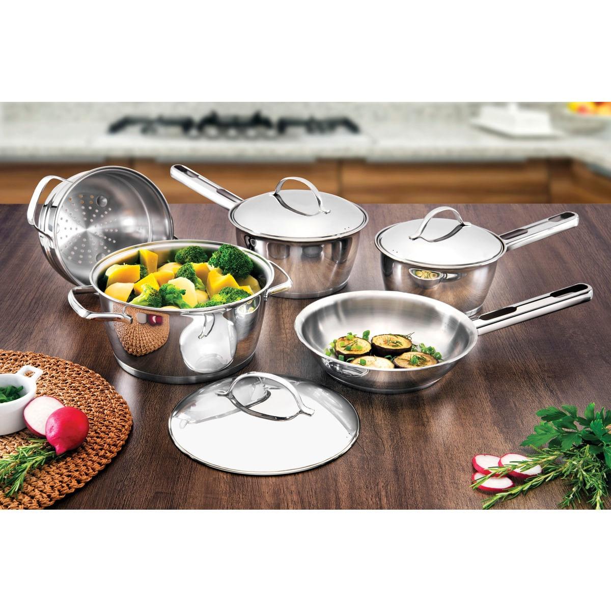 Jogo de Panelas Tramontina 5 Peças Allegra em Aço Inox com Fundo Triplo e Tampas de Inox