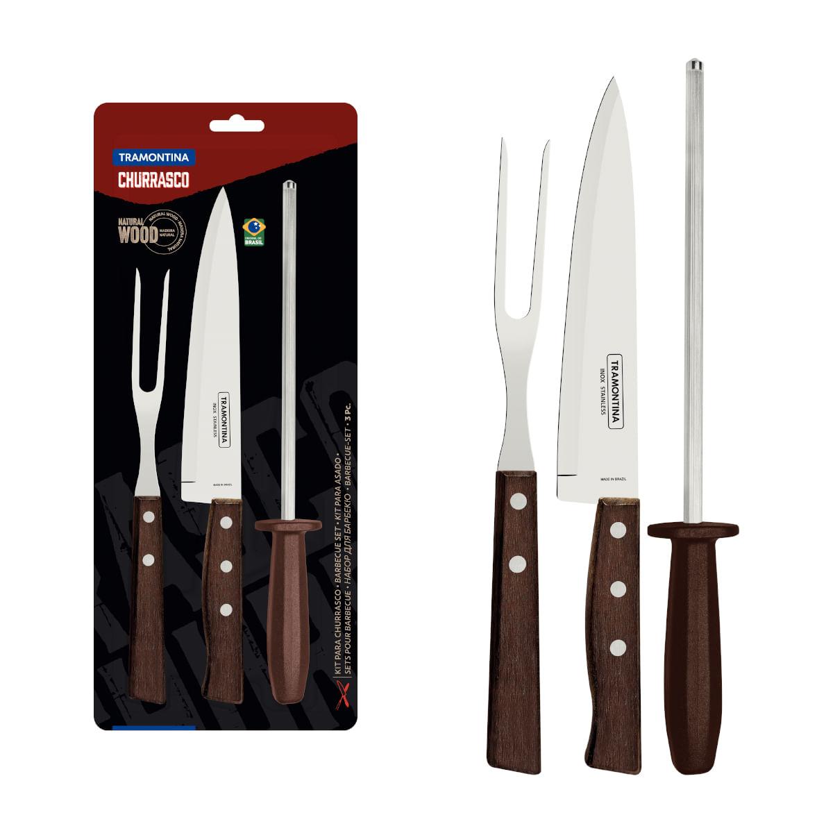 Kit para Churrasco Tramontina Aço Inox Madeira Natural e Polipropileno 3 Peças
