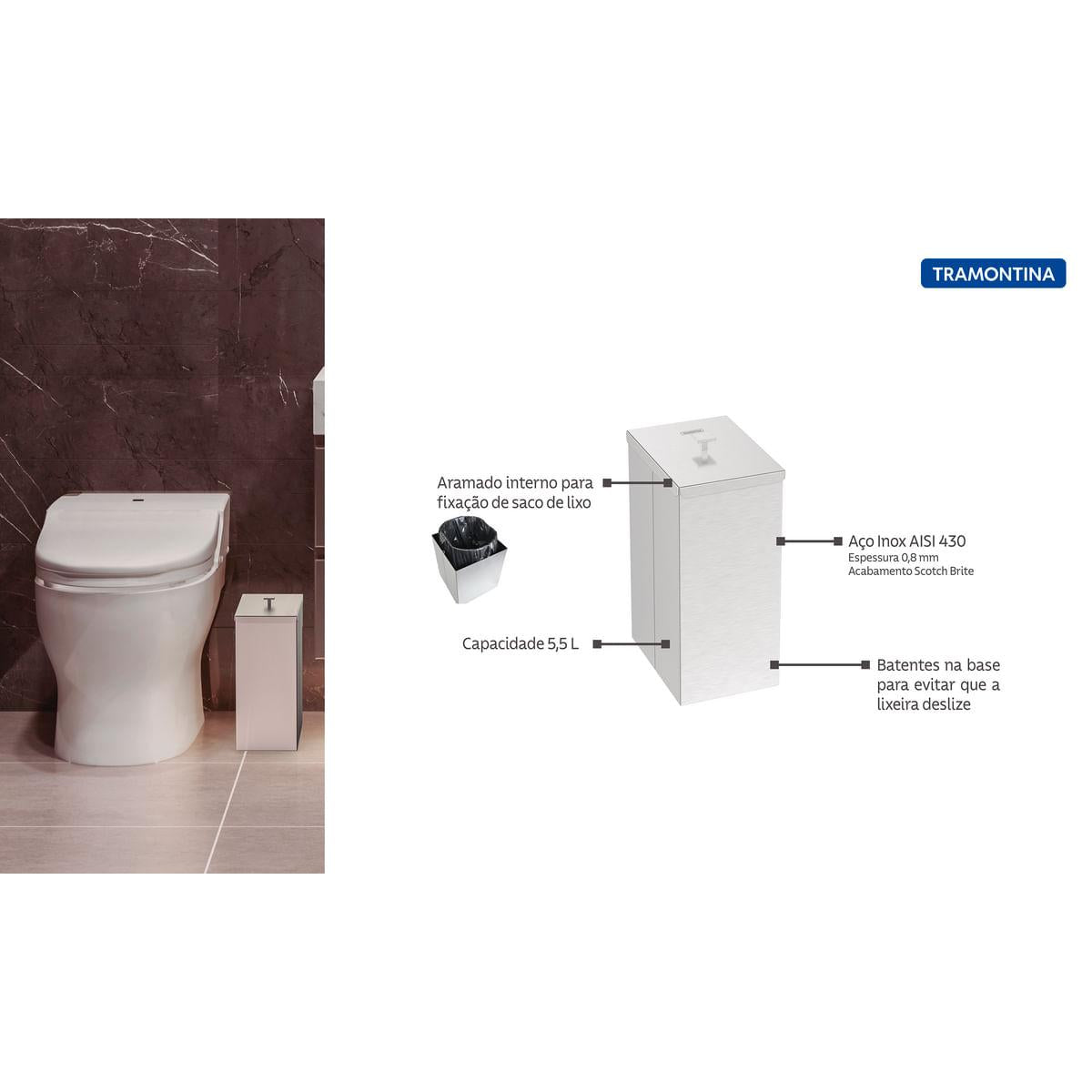 Lixeira Luz Slim Tramontina em Aço Inox Acetinado 5,5 Litros OUTLET