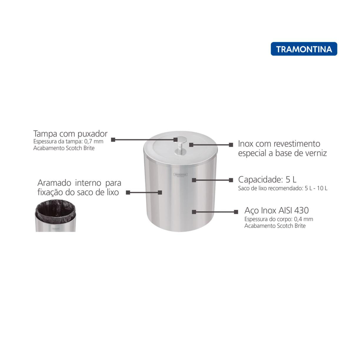 Lixeira Inox Tramontina Útil 5 Litros com Acabamento Scotch Brite OUTLET