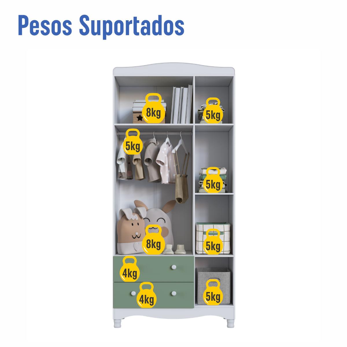 Guarda Roupas Infantil 3 Portas e 2 Gavetas 91x40x198 cm Branco e Verde Completa Móveis