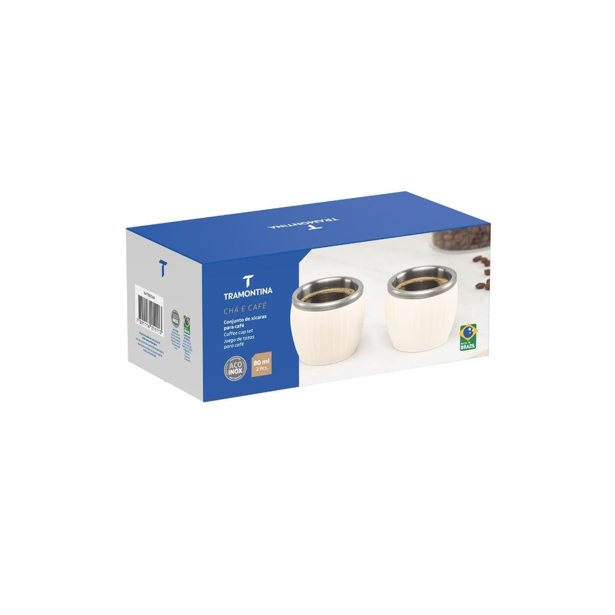 Kit 2 Xícaras para Café Tramontina em Aço Inox Branco 80 ml