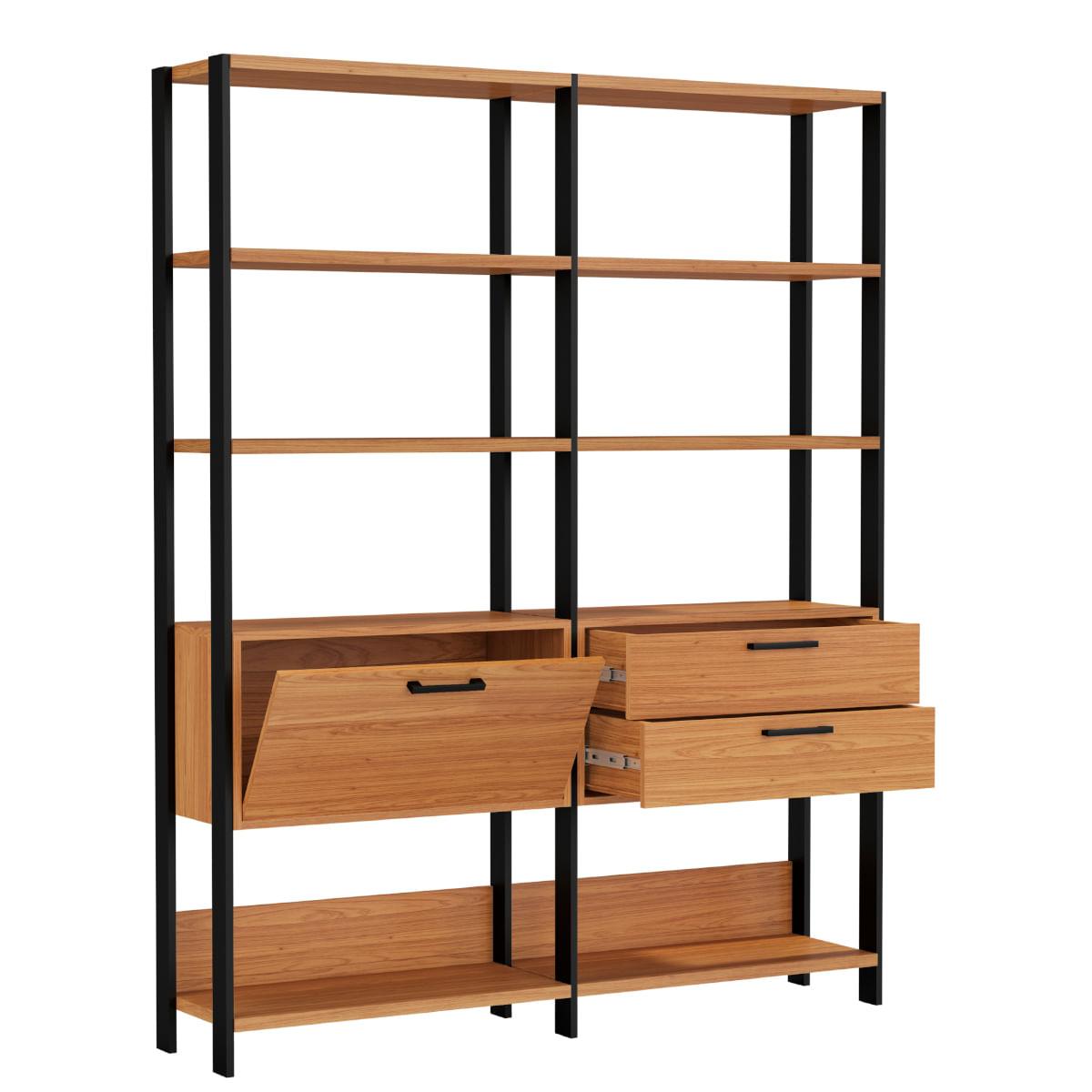 Estante para Livros 2 Gavetas 1 Porta Freijó/Preto Fosco 145 x 32 x 185 cm Dalla Costa E92