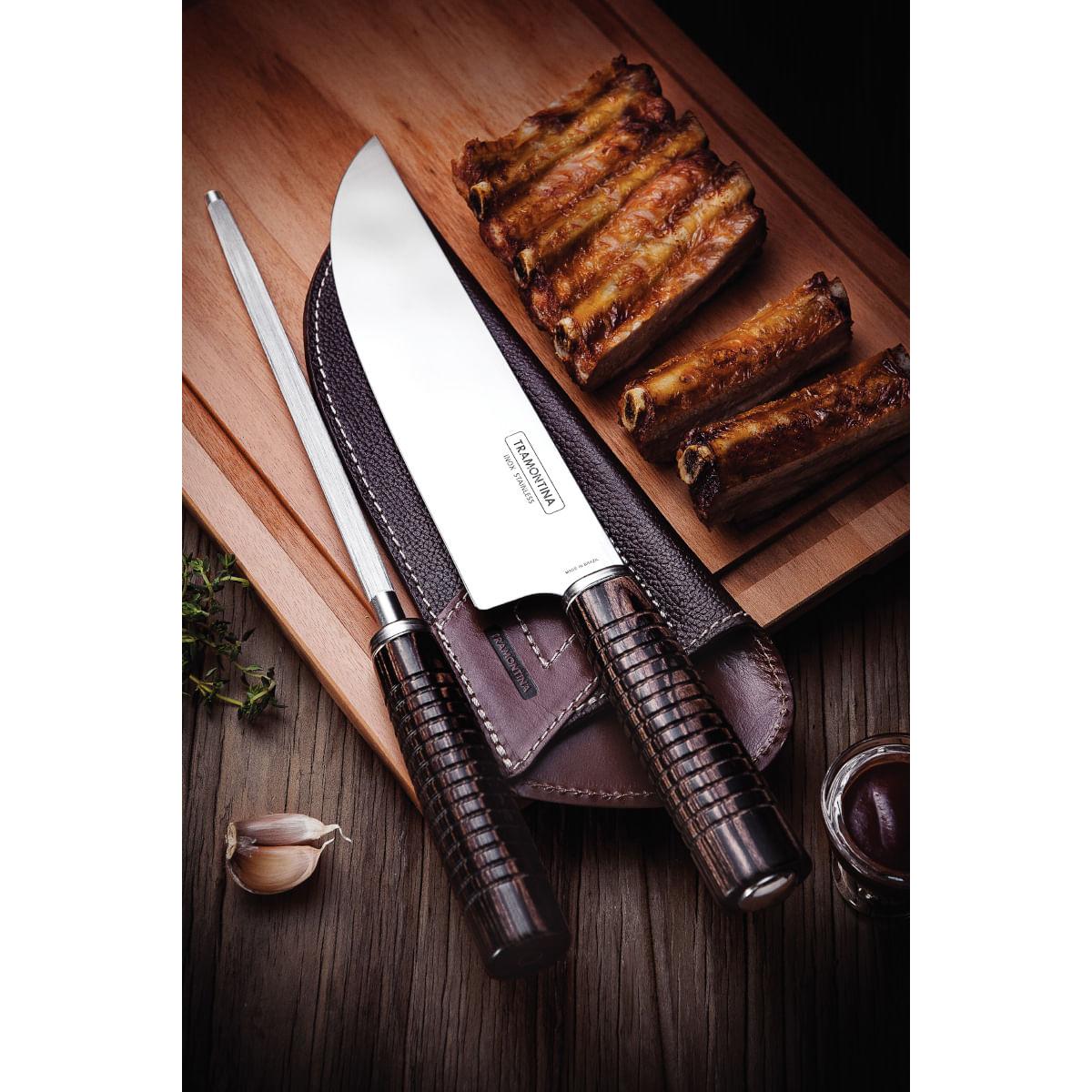 Jogo para Churrasco Tramontina Aço Inox Cabos em Madeira Polywood Castanho Bainha de Couro e Estojo de Madeira 2 Peças