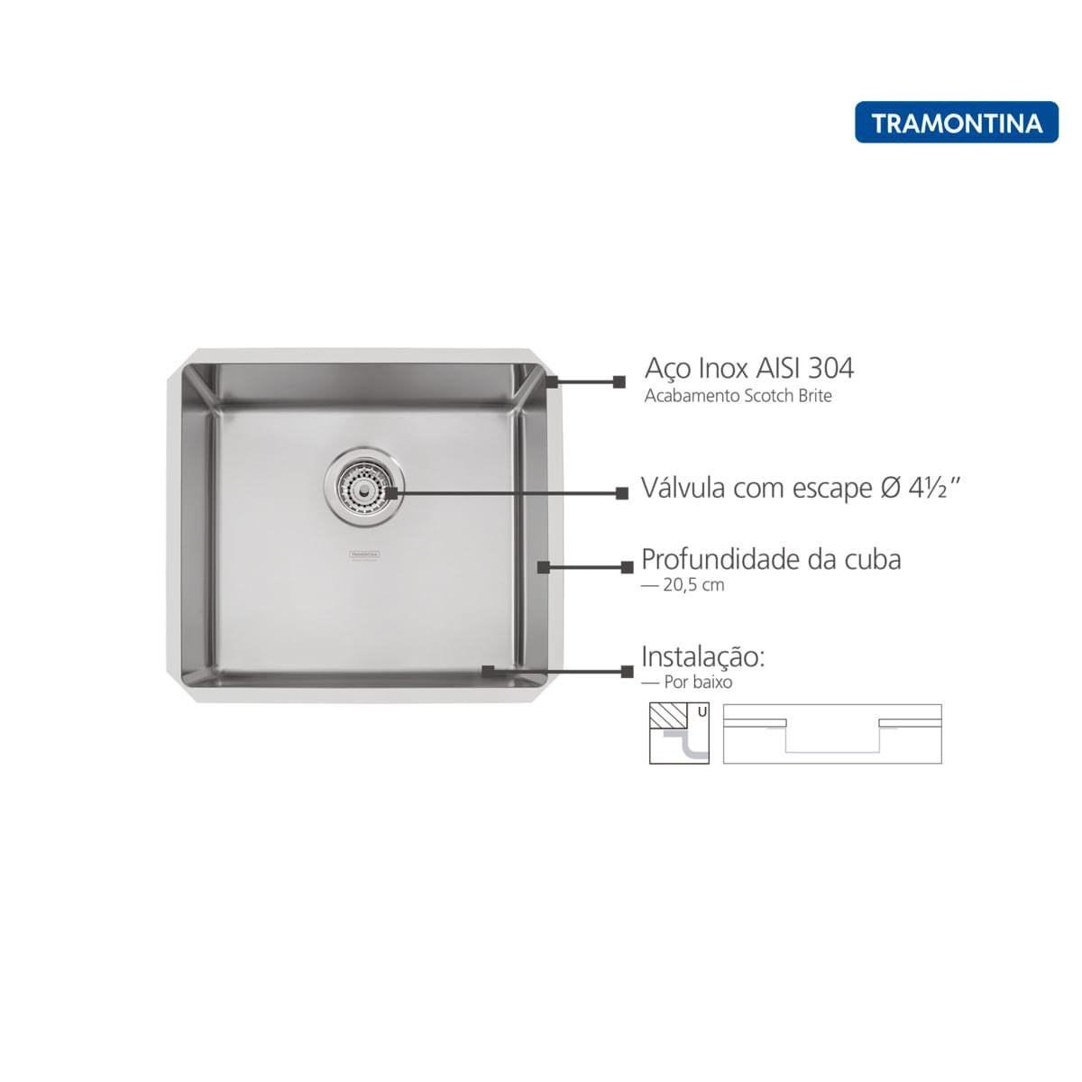 Cuba de Embutir Quadrum 45 U Undermount Tramontina 45 x 40 x 20 cm em Aço Inox Scotch Brite OUTLET