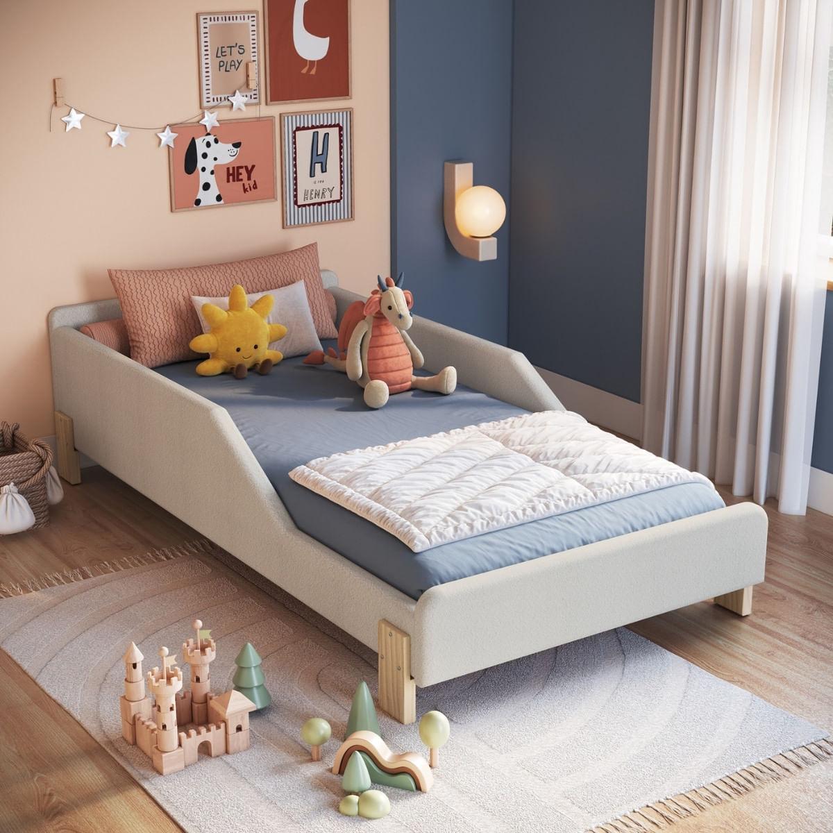 Cama Infantil Sentir Solteiro Estofada Bege Completa Móveis