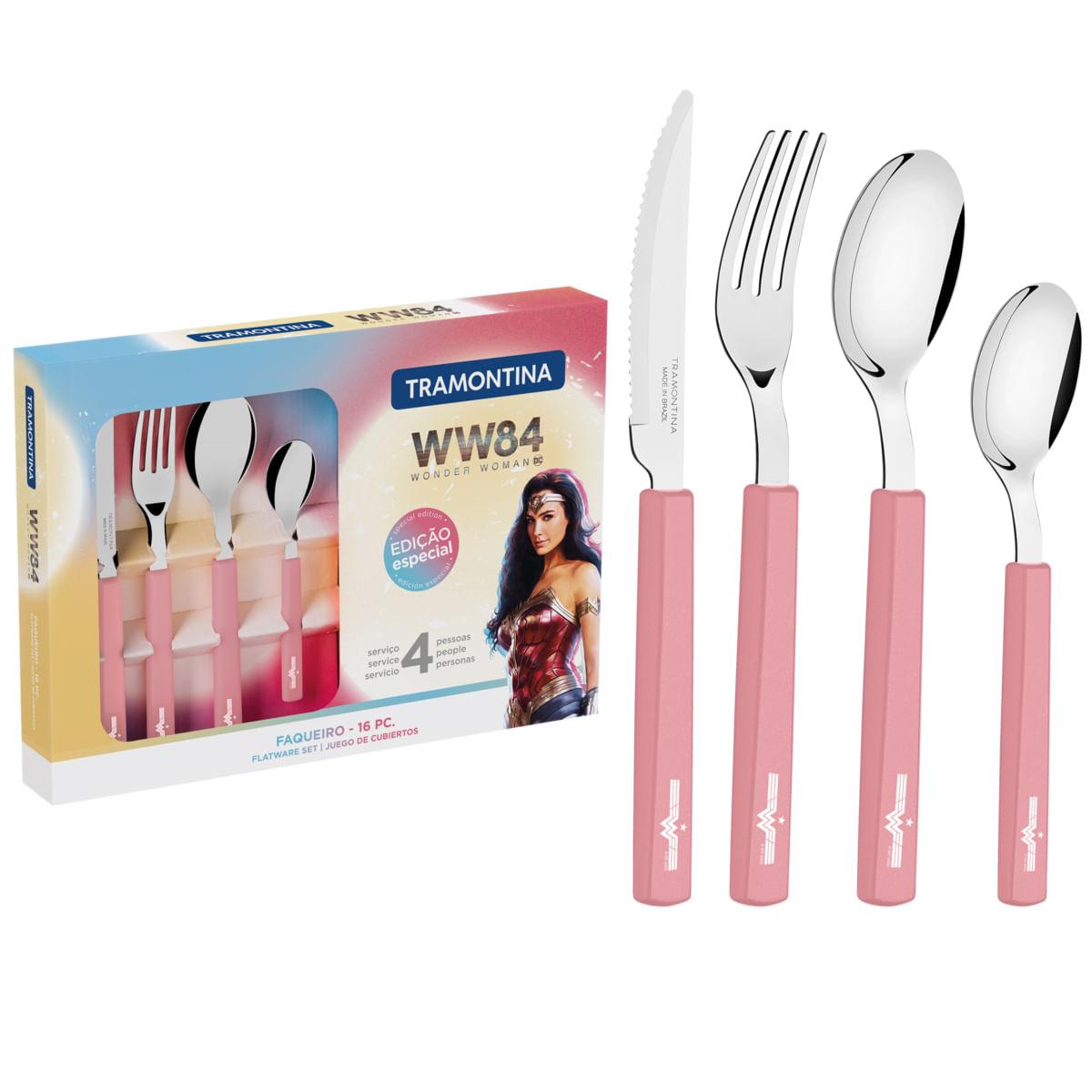 Faqueiro Tramontina Mulher Maravilha 1984 com Lâminas em Aço Inox e Cabos de Polipropileno Rosé 16 Peças