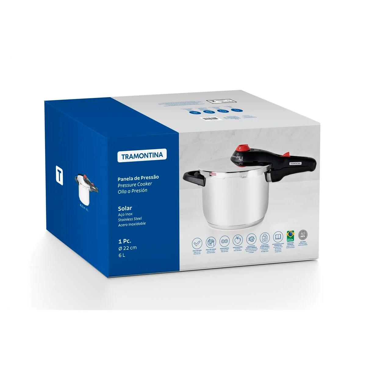 Panela de Pressão Tramontina Solar Aço Inox 6 L Fundo Triplo com 5 Dispositivos de Segurança 22 cm