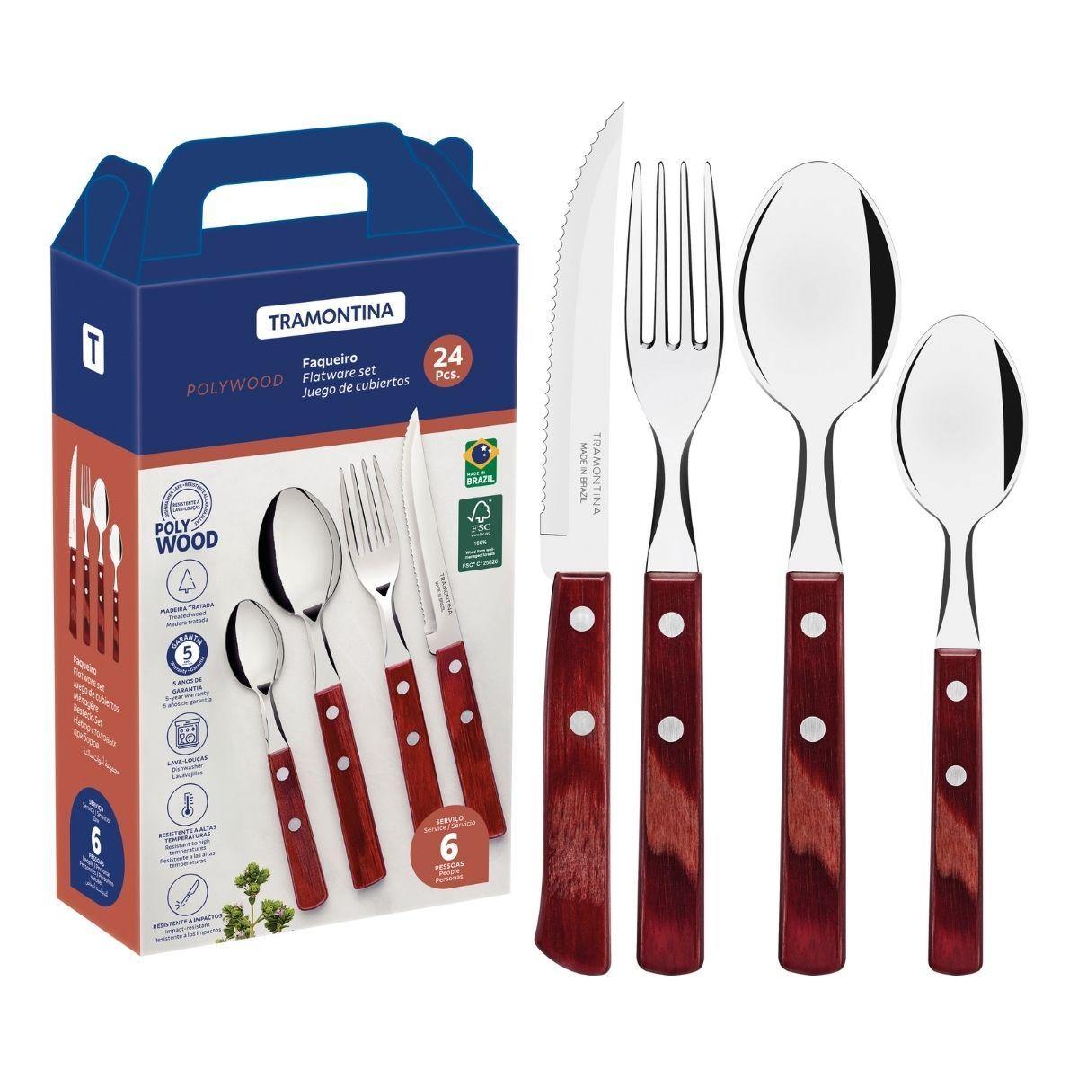 Faqueiro Tramontina Polywood Aço Inox e Madeira Vermelho 24 Peças