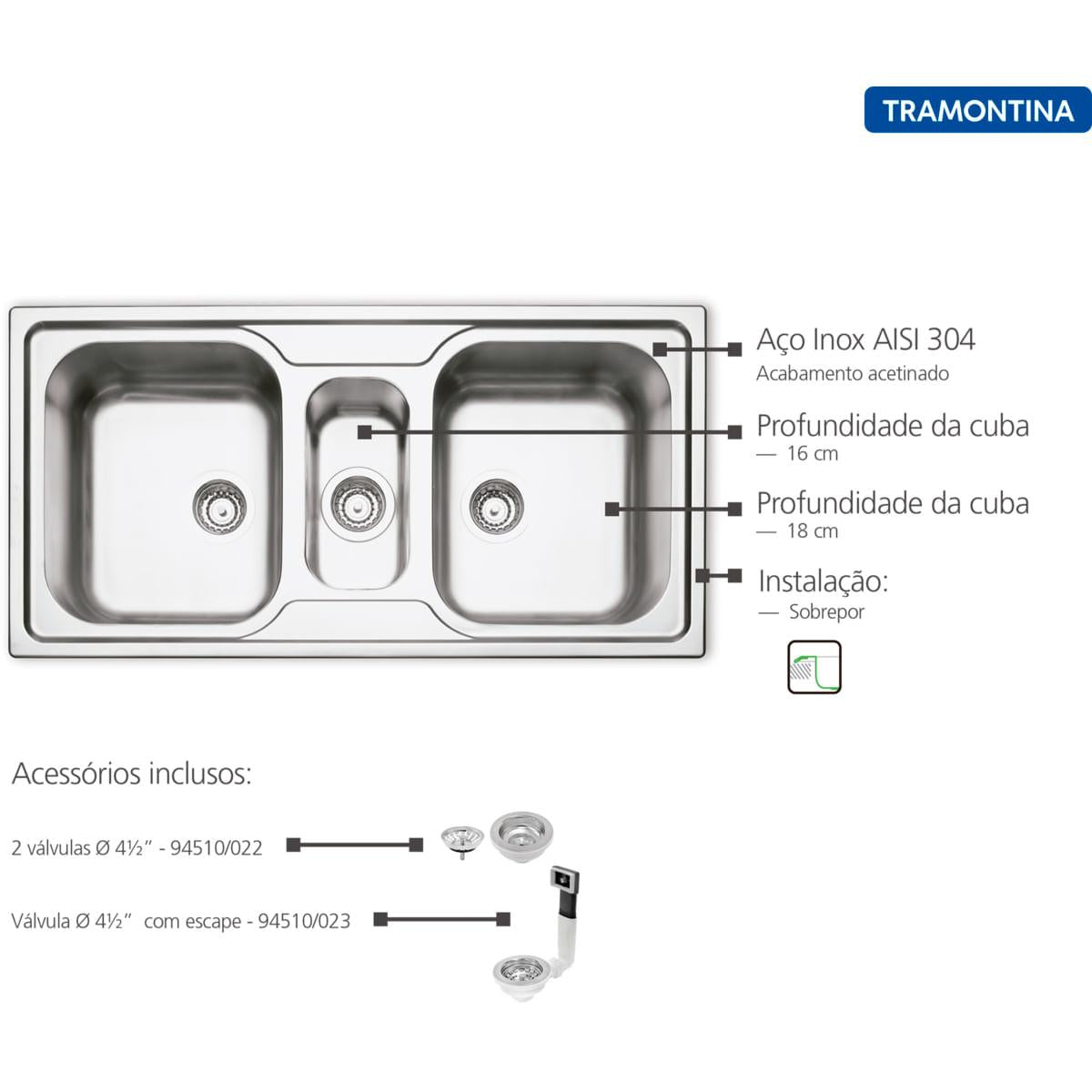 Cuba de Sobrepor Tramontina Marea 2 Cubas e Auxiliar em Aço Inox Acetinado 100 x 50 cm com Válvula 93830123