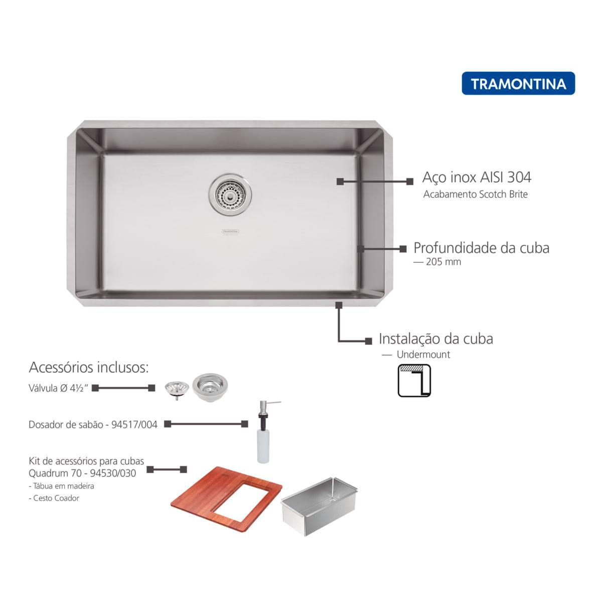 Cuba Tramontina Quadrum 70 U Undermount em Aço Inox Scotch Brite 70 x 40 cm com Dosador de Sabão, Tábua e Cesto