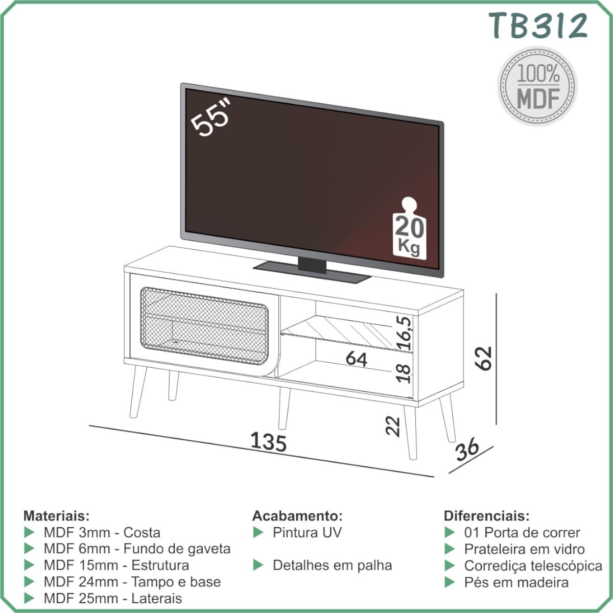 Rack Tela para TV em MDF 135 cm com 1 Porta de Correr Freijó Dalla Costa