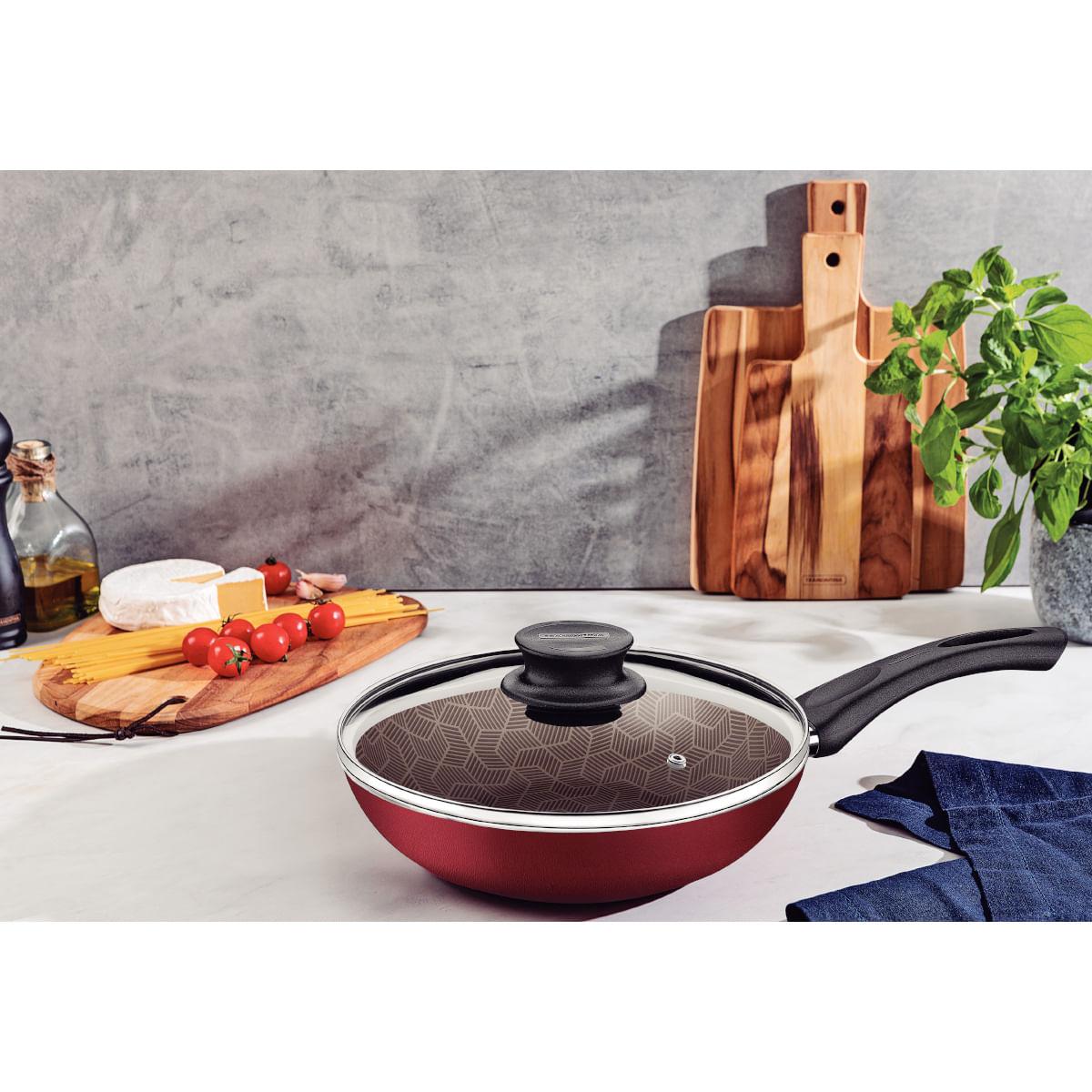Frigideira Funda Tramontina Paris em Alumínio 26 cm 2,9 L Antiaderente Vermelho com Tampa de Vidro