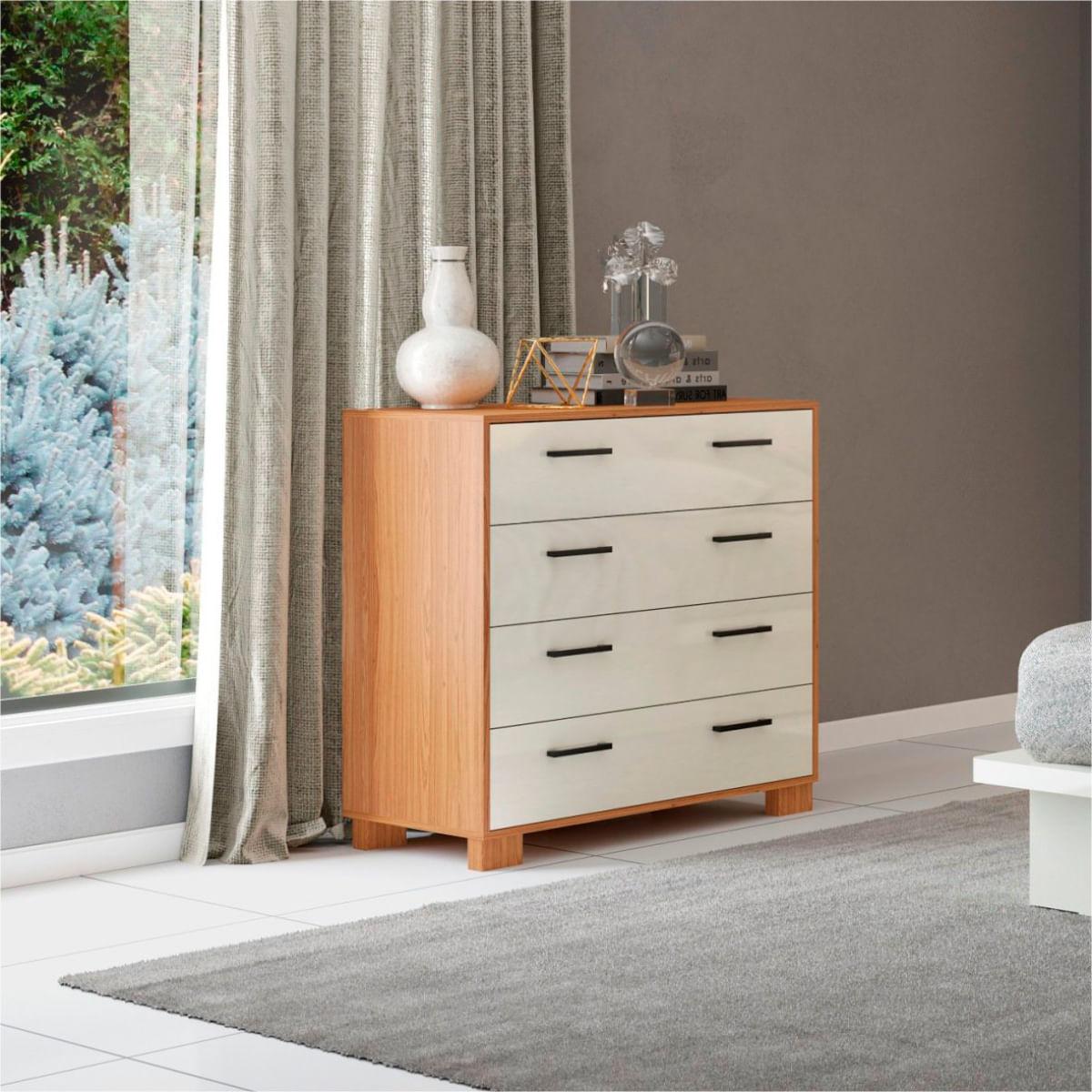 Gaveteiro Cômoda 4 Gavetas em MDF W344 Freijó Off White 90 cm Dalla Costa