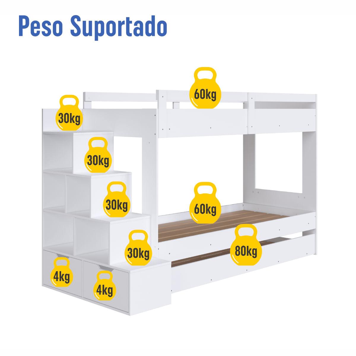 Treliche Infantil Branco Escada Lateral Nichos Gavetas e Cama Auxiliar Completa Móveis
