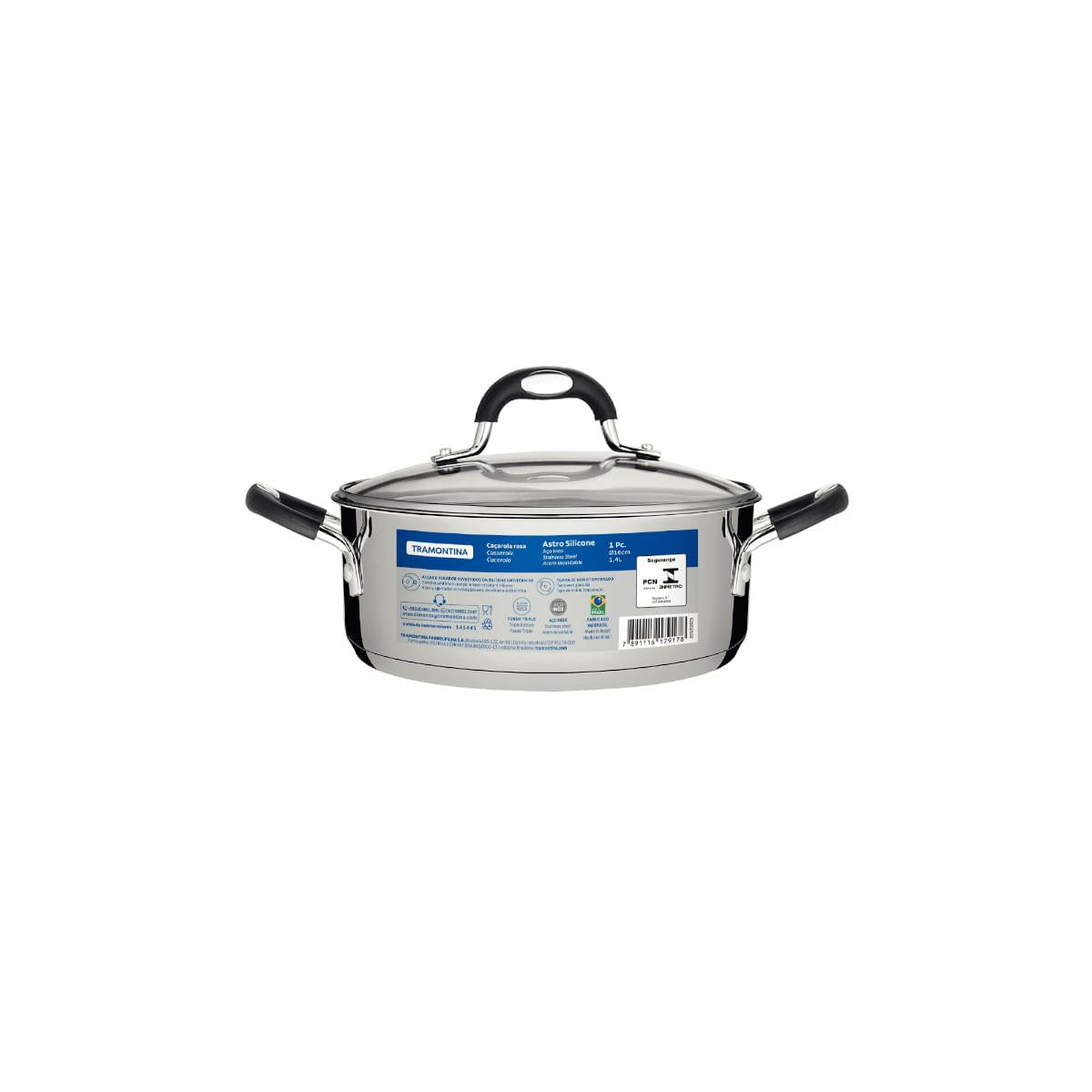 Caçarola Tramontina Astro Rasa Aço Inox Tampa de Vidro 16 cm 1,4 Litros