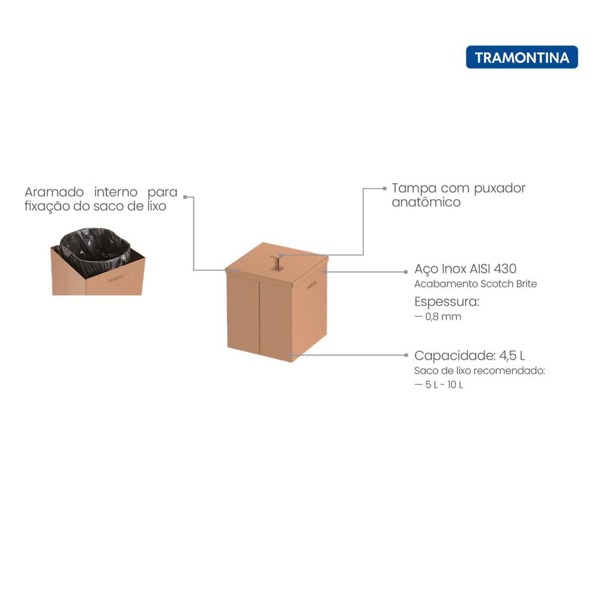 Lixeira Tramontina Luz 4,5 Litros em Inox com Revestimento Rose Gold a Base de Verniz OUTLET