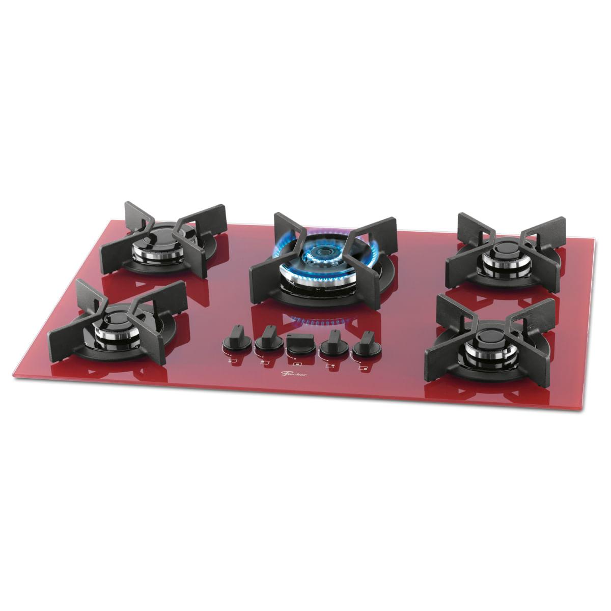 Cooktop Fischer 5Q Tripla Chama Infinity Gás Mesa Vidro Vermelho Rouge