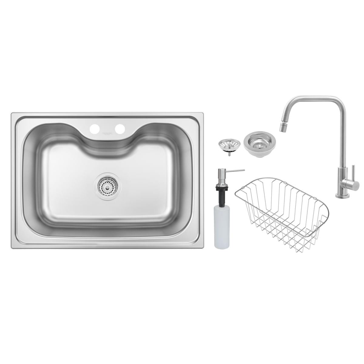 Cuba de Sobrepor em Aço Inox Tramontina Morgana 60 FX Acetinado 68 x 48 cm com Válvula Dosador de Sabão Cesto Aramado e Torneira