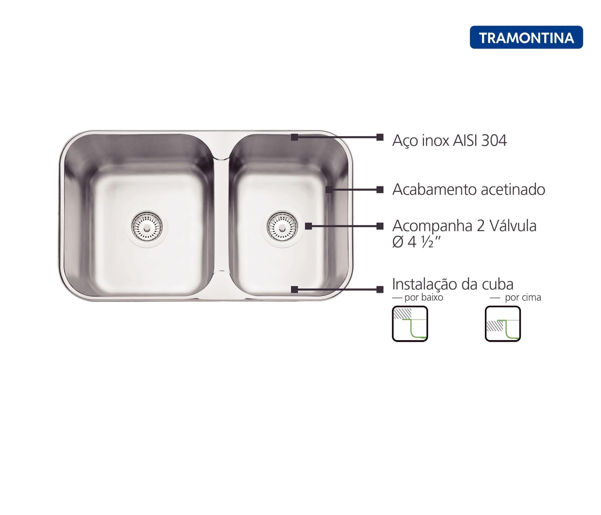 Cuba Tramontina Isis 2C 34-28 BS Perfecta em Aço Inox Acetinado 69 x 40 cm