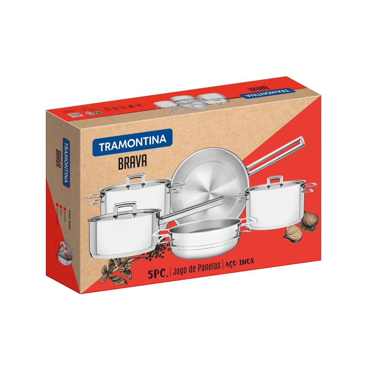 Jogo de Panelas Tramontina em Aço Inox Fundo Triplo 5 peças Brava 65400010