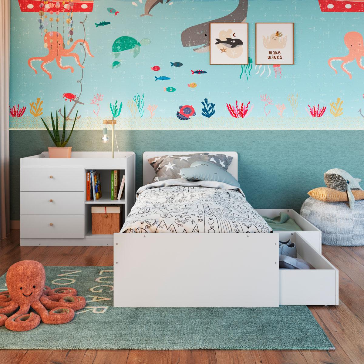 Berço Cama com Cômoda e Gavetões Branco Completa Móveis
