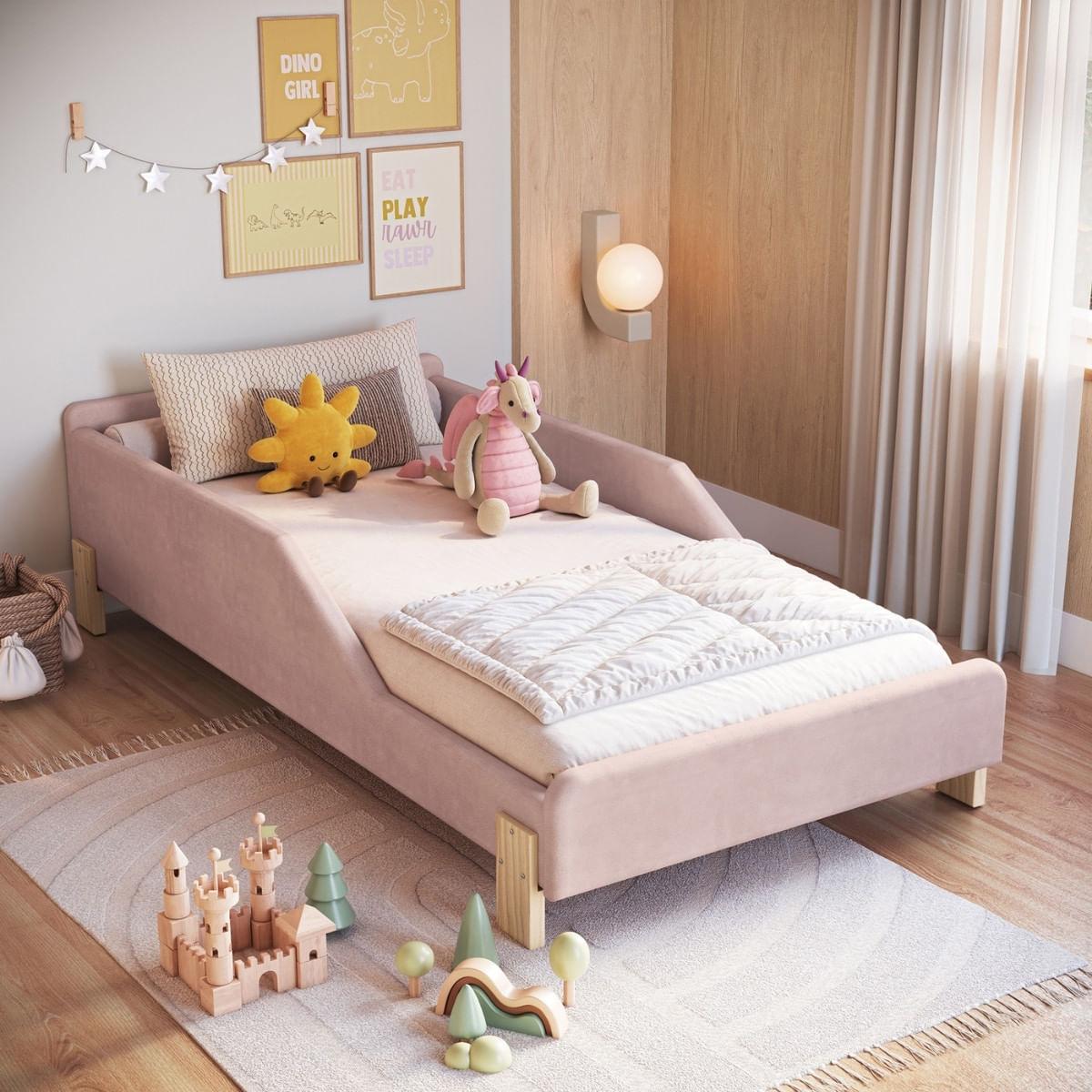 Cama Infantil Sentir Solteiro Estofada Rosa Completa Móveis