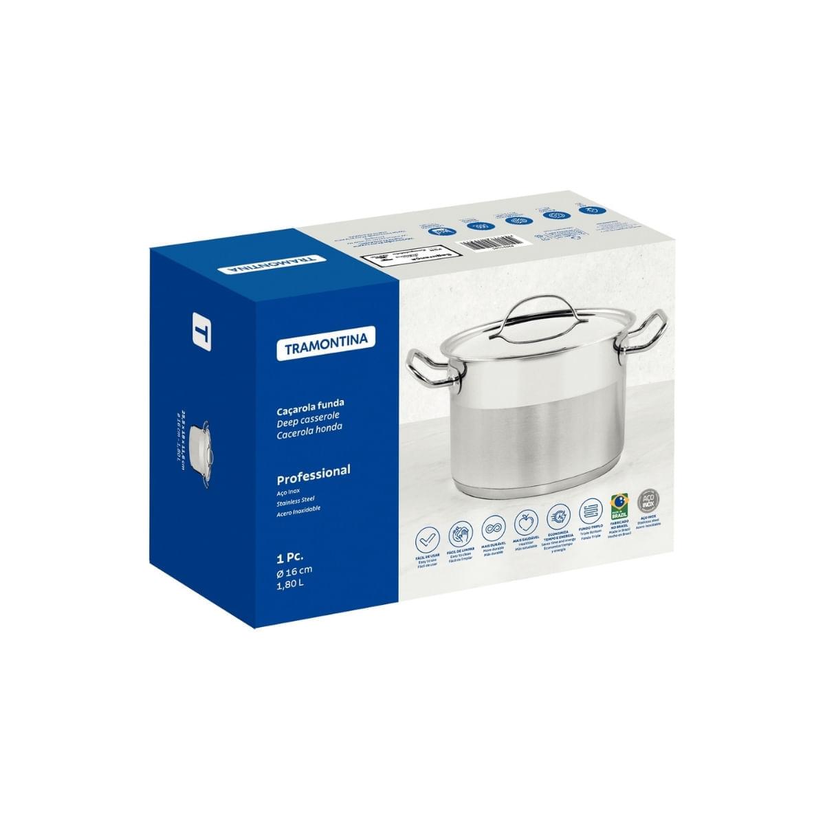 Caçarola Funda Tramontina Professional Aço Inox 1,8L com Tampa Plana e Fundo Triplo 16cm