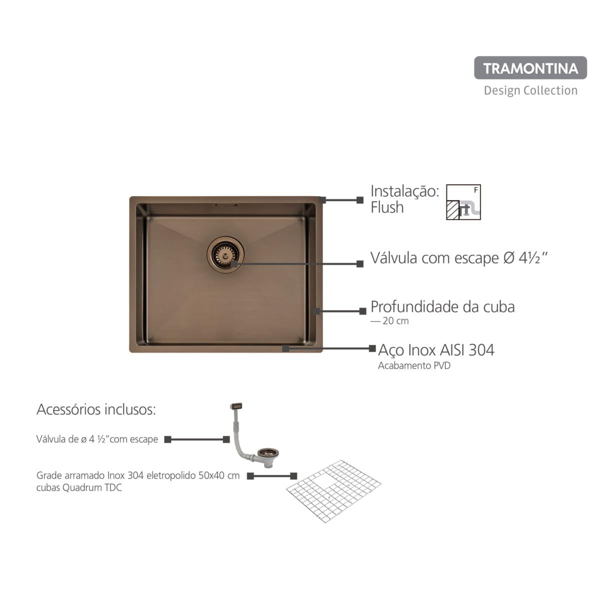 Cuba Tramontina Quadrum 50 em Aço Inox com Revestimento PVD Black 50 x 40 cm OUTLET