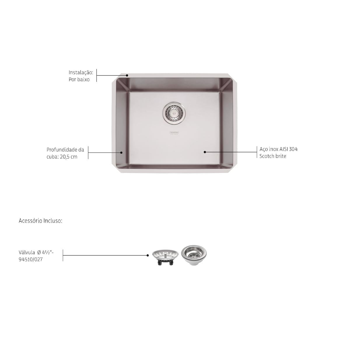 Cuba Quadrum 50 U Undermount Tramontina 50x40x 20 cm em Aço Inox Acetinado OUTLET