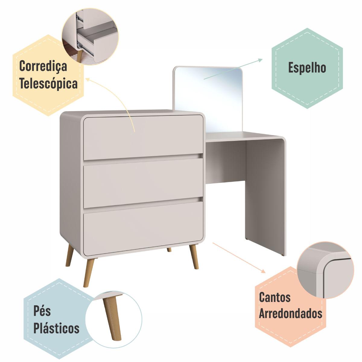Cômoda Penteadeira 3 Gavetas Curve Bege Dunas Completa Móveis