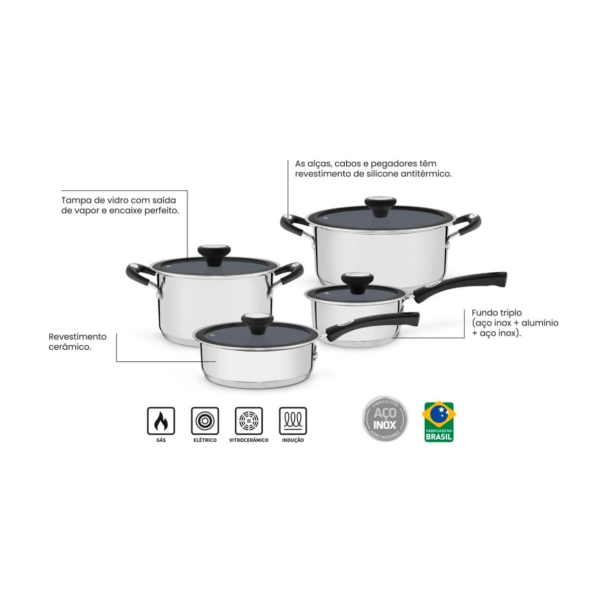 Jogo de Panelas Tramontina Solar Ceramic em Aço Inox com Revestimento Interno Cerâmico Grafite 4 Peças