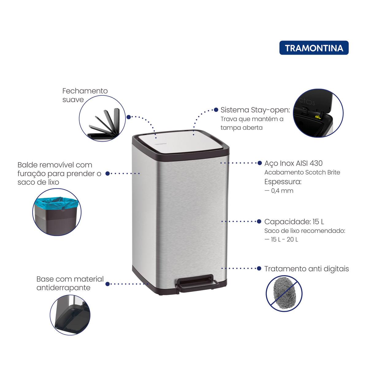 Lixeira Tramontina Octos 15 Litros em Aço Inox com Balde Removível e Pedal OUTLET