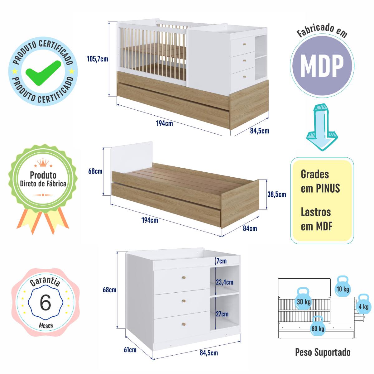 Berço Cama com Cômoda e Cama Auxiliar Aveiro Branco Completa Móveis