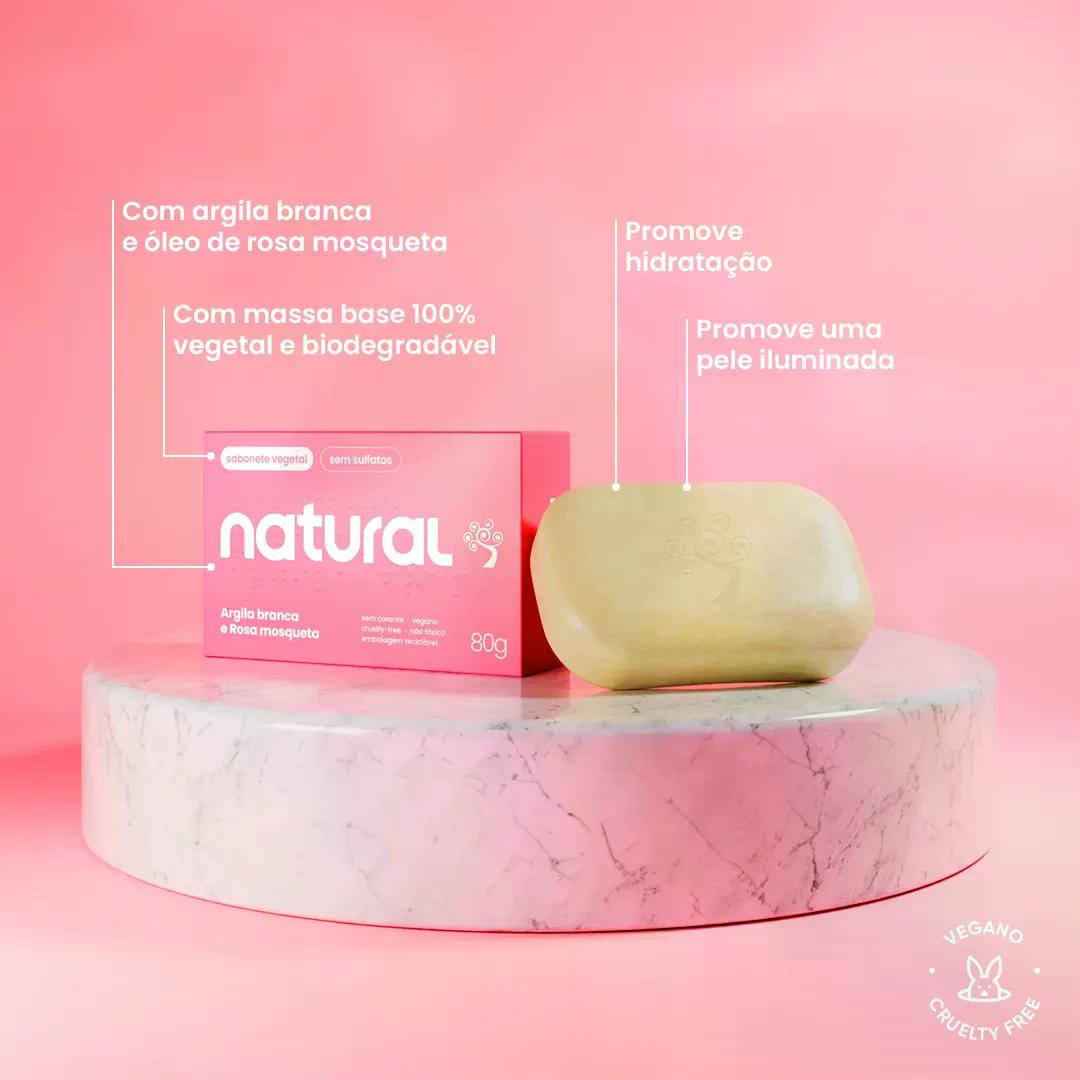 Kit 5 Sabonetes de Argila Branca e Rosa Mosqueta 80g – Natural
