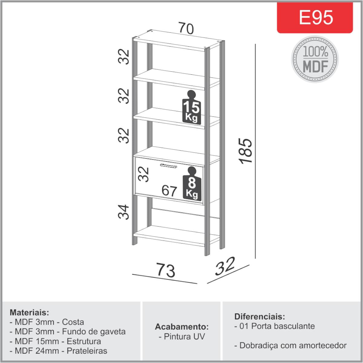 Estante 5 Prateleiras 1 Porta Basculante E95 Freijó/Preto Fosco 73 x 32 x 185 cm Dalla Costa