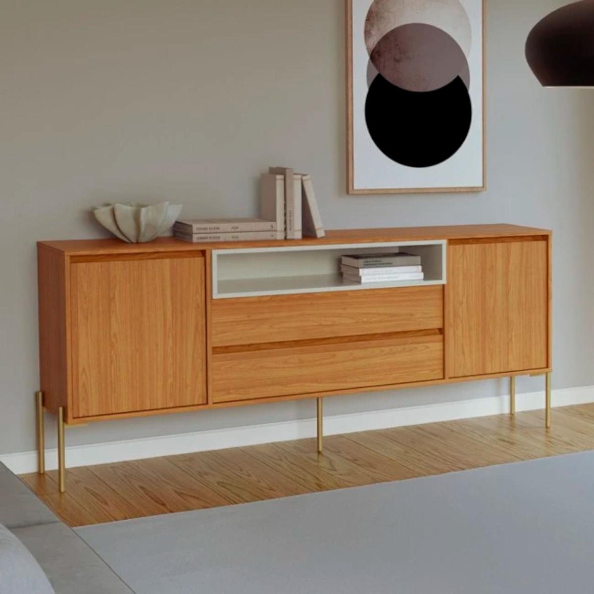 Buffet Balcão Florença 184cm MDF Freijó Off White com 2 Portas 2 Gavetas e Nicho Dalla Costa