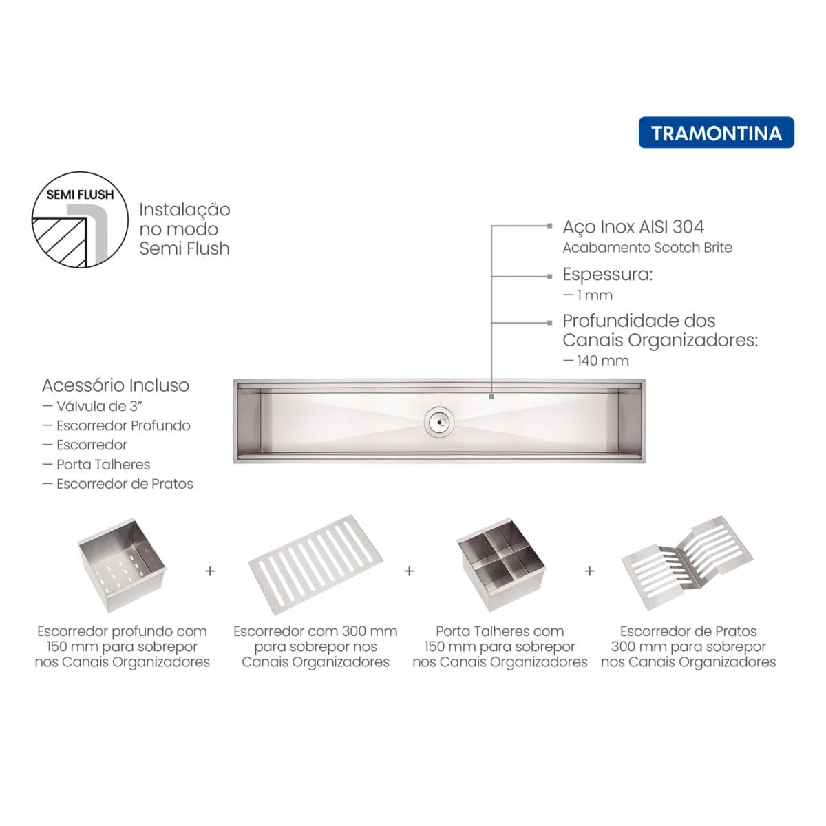 Canal Organizador Tramontina Aço Inox Acetinado 90x18cm com Acessórios