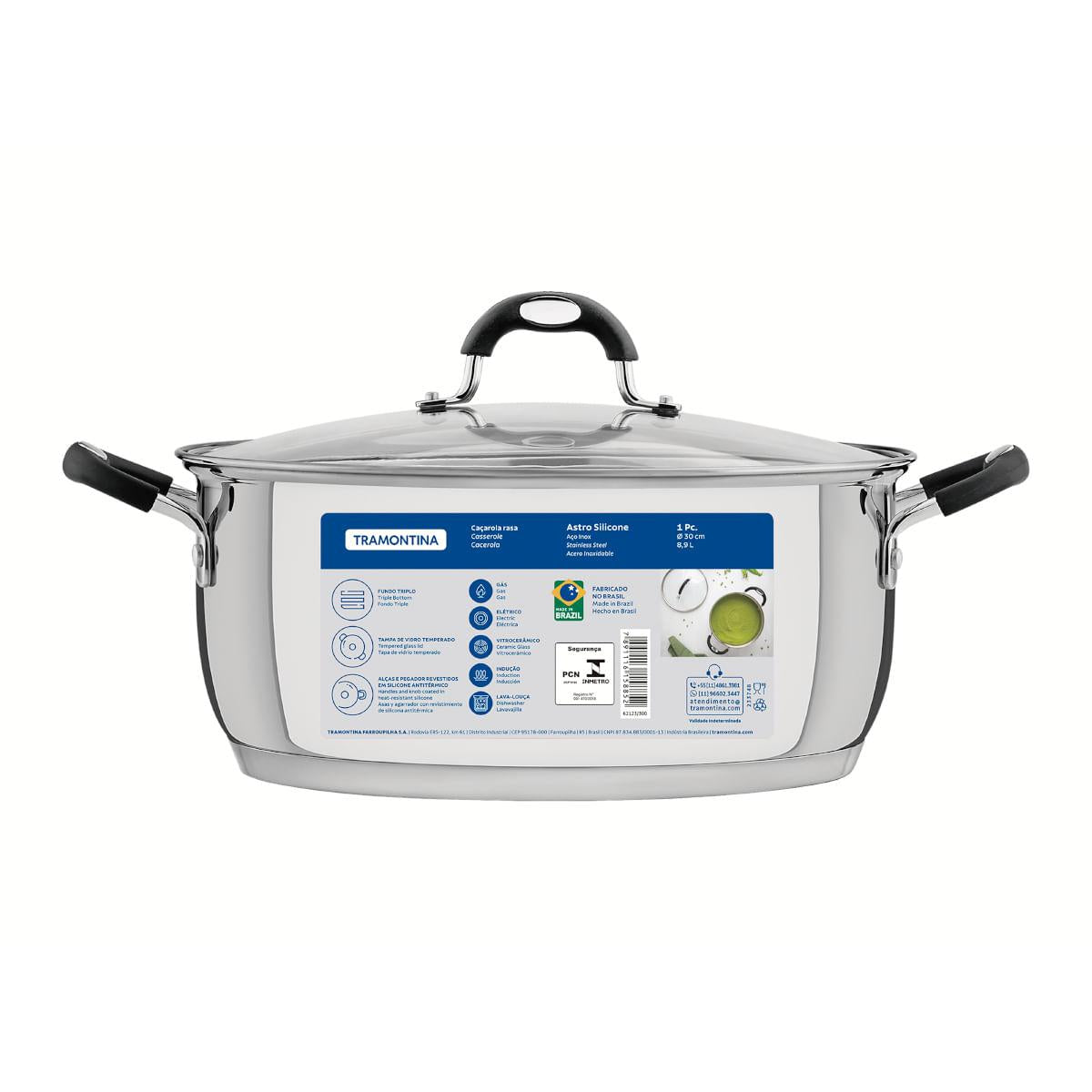 Caçarola Tramontina Astro Rasa Aço Inox Tampa de Vidro 30 cm 8,5 Litros