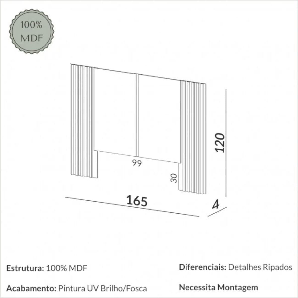 Cabeceira Solteiro 165x120cm em MDF Off White Freijó Dalla Costa