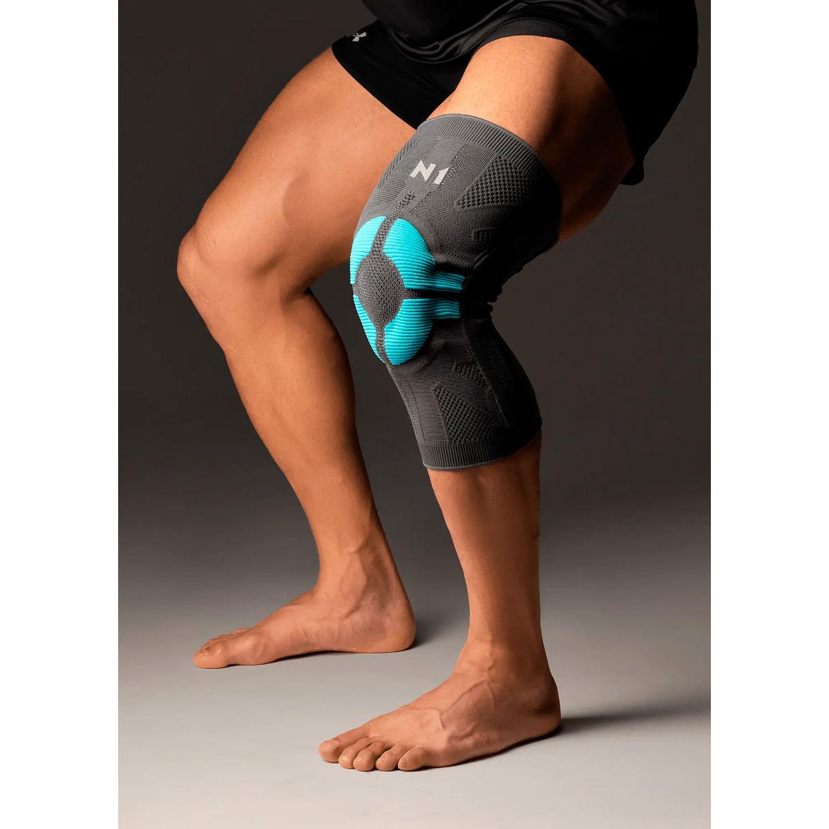 Joelheira PRO Knit 3D Cinza com Azul Turquesa N1 Sport