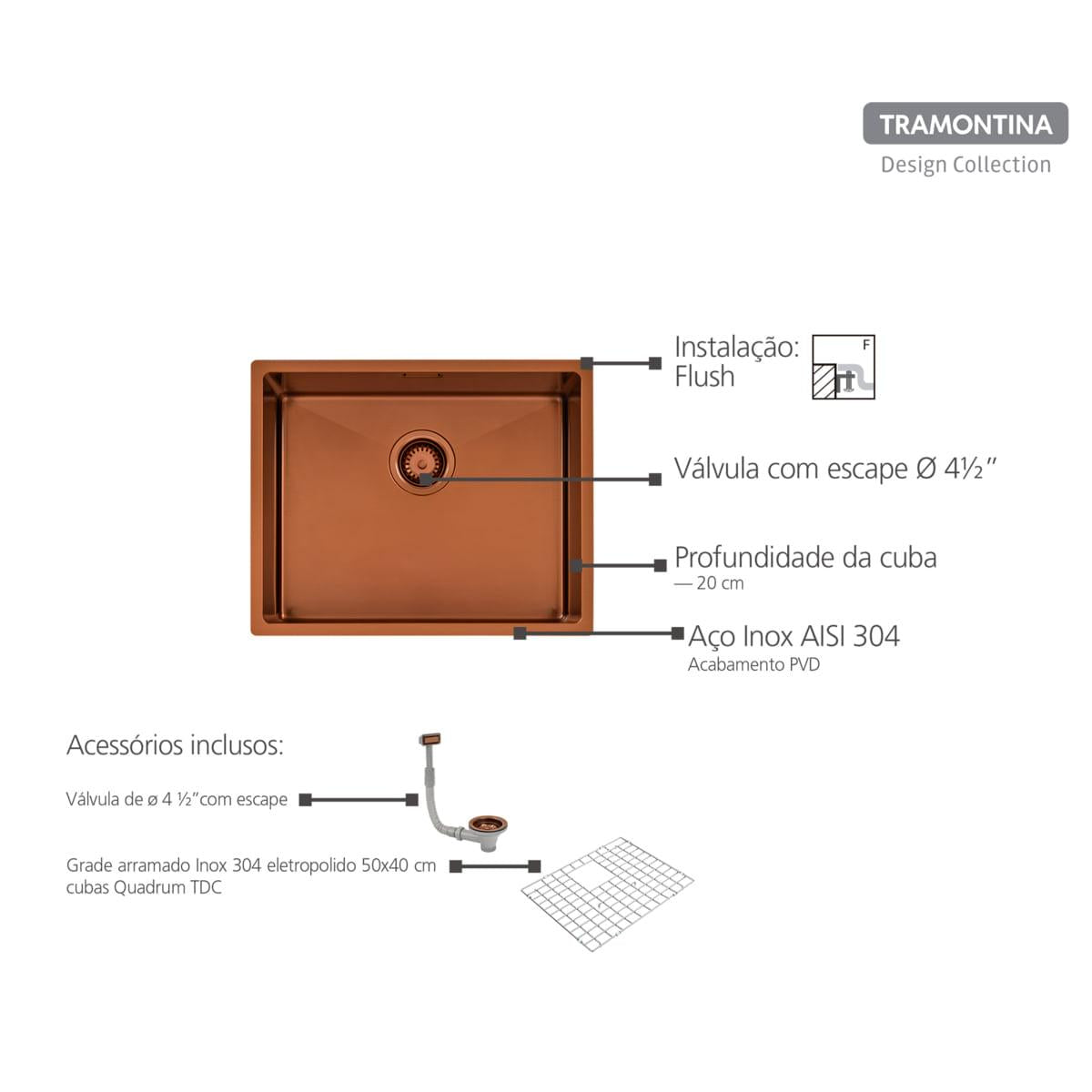 Cuba Tramontina Quadrum 50 em Aço Inox com Revestimento PVD Rose Gold 50 x 40 cm OUTLET
