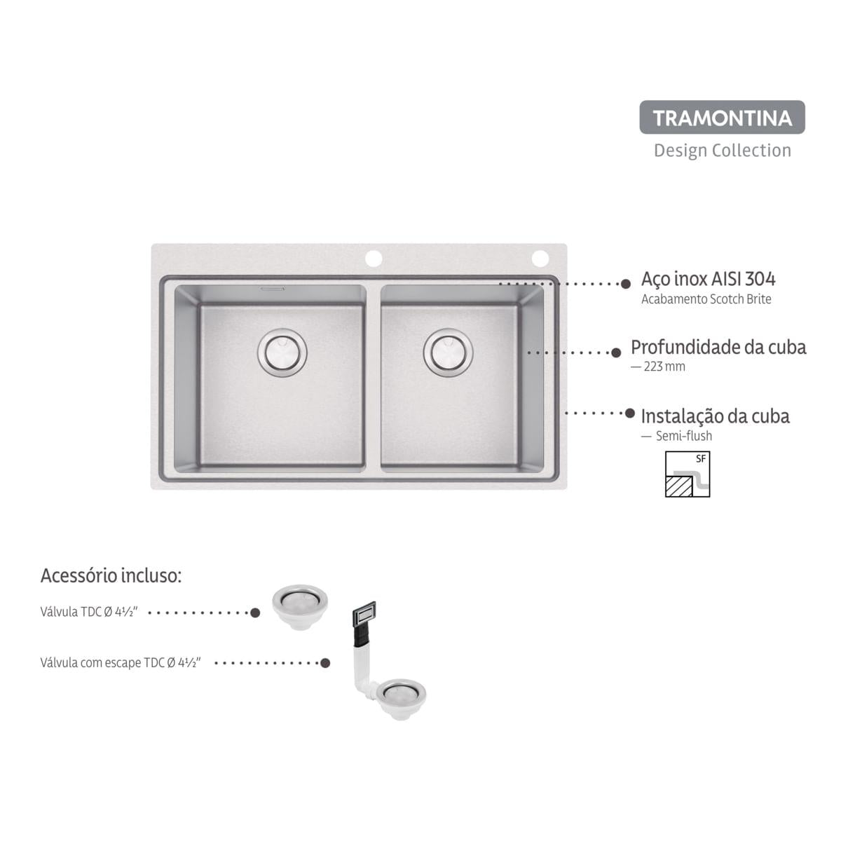 Cuba de Sobrepor Tramontina Smooth 2C 40 em Aço Inox Scotch Brite 86 x 52 cm OUTLET