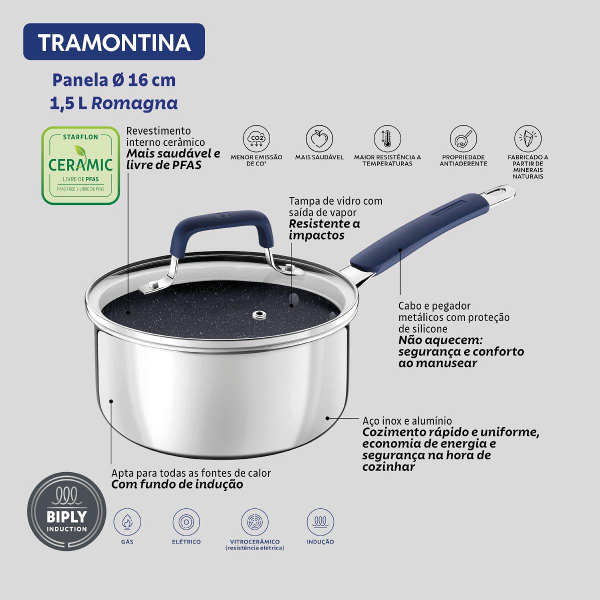 Panela Tramontina Romagna Aço Inox Cerâmico Black Stone 16 cm 1,5 L