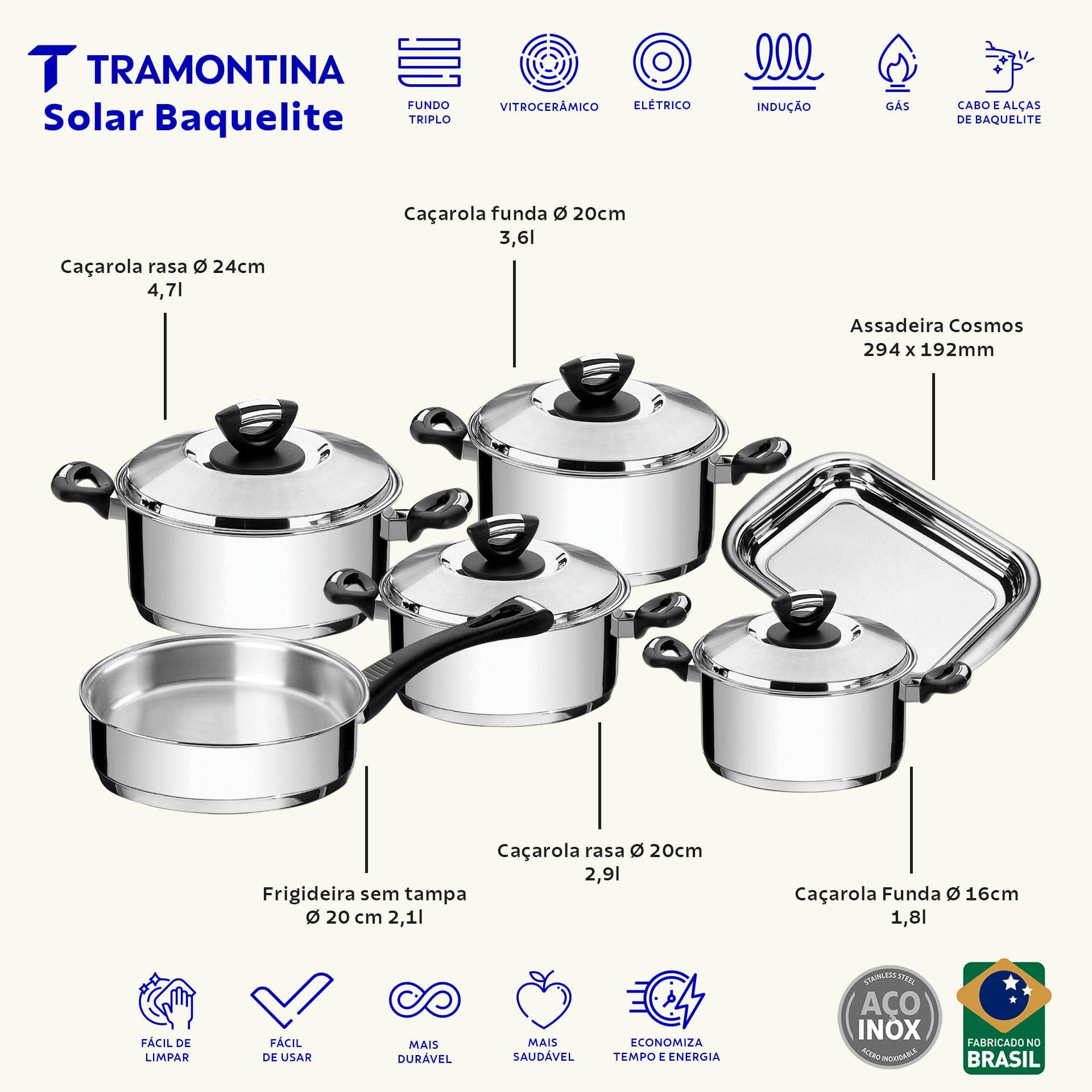 Jogo de Panelas Tramontina Solar Baquelite em Aço Inox Fundo Triplo 6 Peças