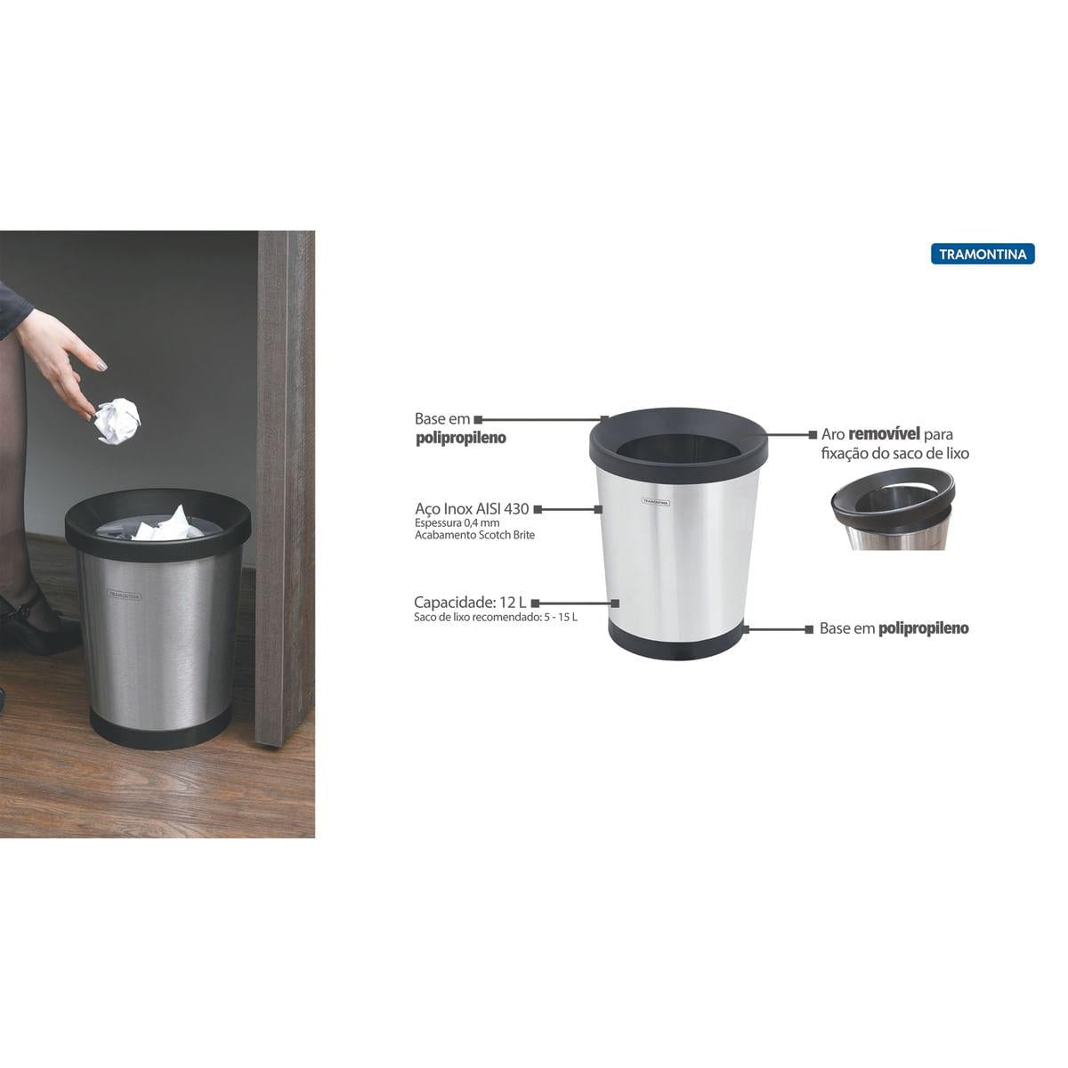 Lixeira para Papel Tramontina Molise Aço Inox Scotch Brite 12 Litros