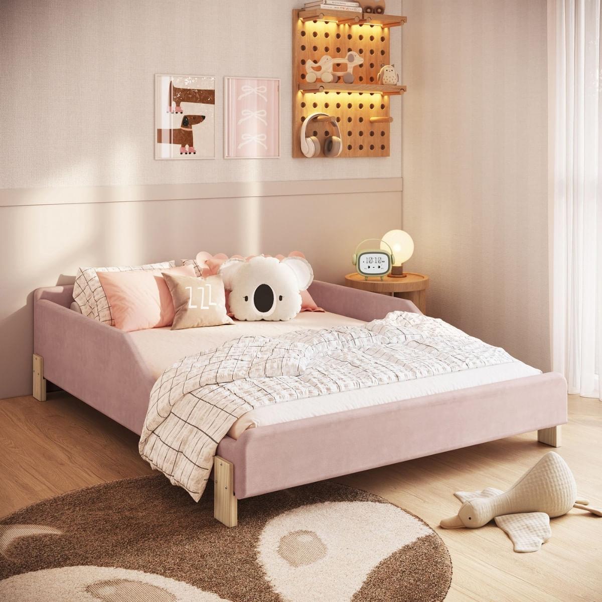 Cama Infantil Sentir Casal Estofada Rosa Completa Móveis