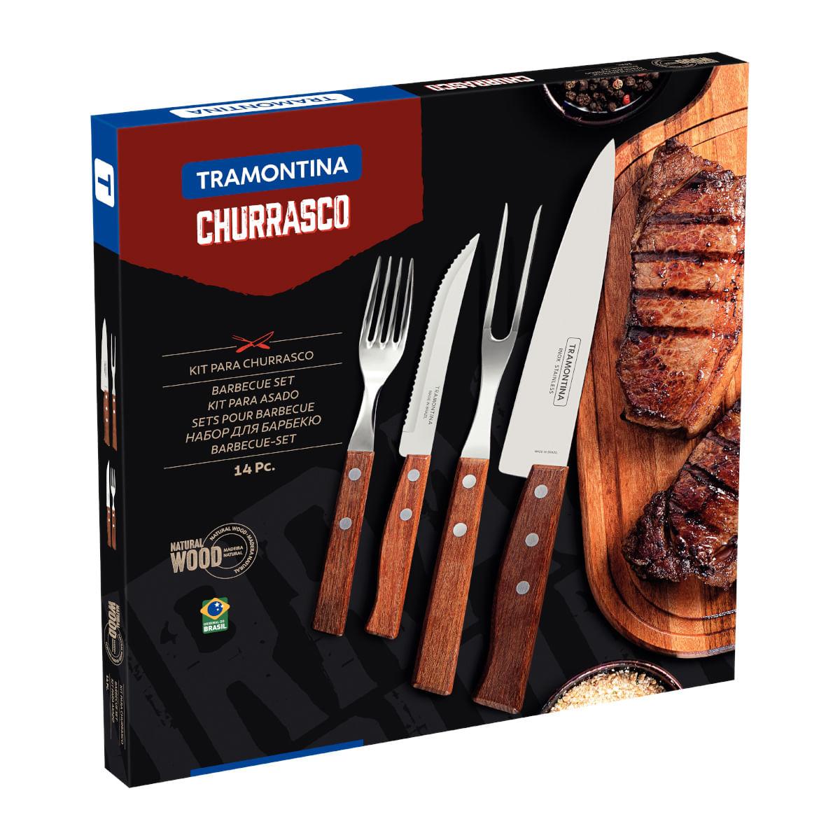Jogo de Talheres Churrasco Tramontina Aço Inox Madeira Natural 14 Peças